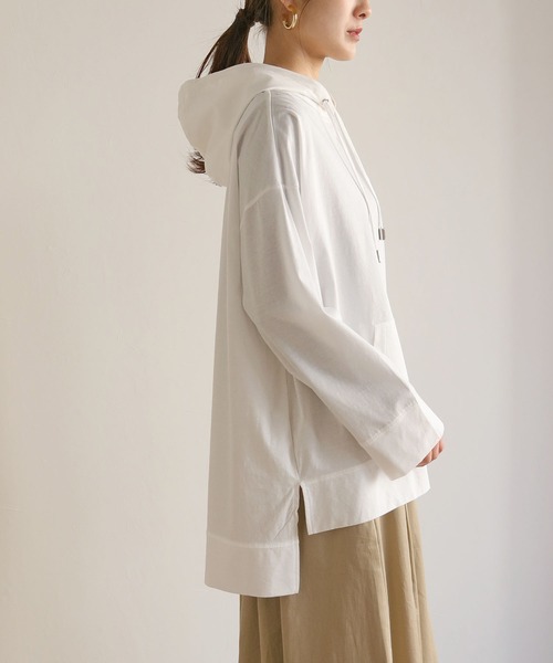 HER CLOSET(ハークローゼット)の「【HERCLOSET】綿100%のシルケット加工プルオーバーパーカー(パーカー・レディース・ホワイト/ライトグレー/ブラック/グレイッシュベージュ/ブルーグリーン・M)」の14枚目の写真
