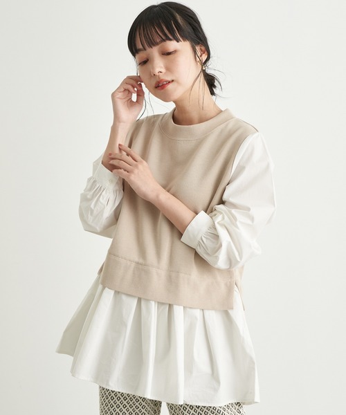 earth music&ecology（アースミュージックアンドエコロジー）の「レイヤード風カットプルオーバー ＊（シャツ/ブラウス・レディース・サックスブルー/ベージュ/ネイビー/ブラック・FREE）」の2枚目の写真