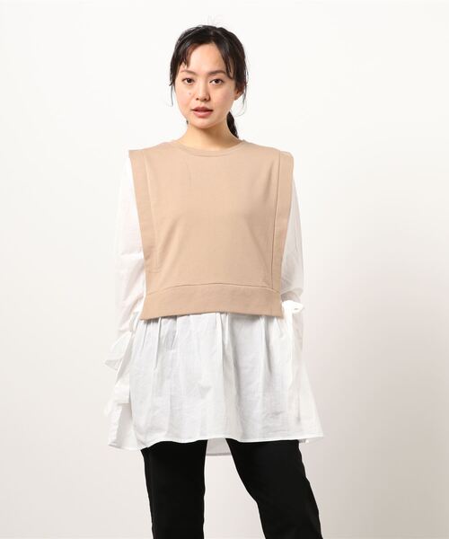 koe（コエ）の「裏毛ベストシャツドッキングプルオーバー＊（シャツ/ブラウス・レディース・ライトベージュ/カーキ/杢グレー/ブルー・FREE）」の2枚目の写真