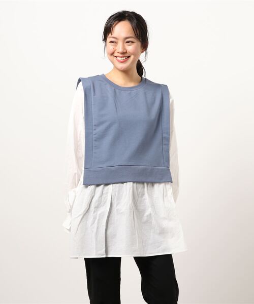 koe（コエ）の「裏毛ベストシャツドッキングプルオーバー＊（シャツ/ブラウス・レディース・ライトベージュ/カーキ/杢グレー/ブルー・FREE）」の4枚目の写真