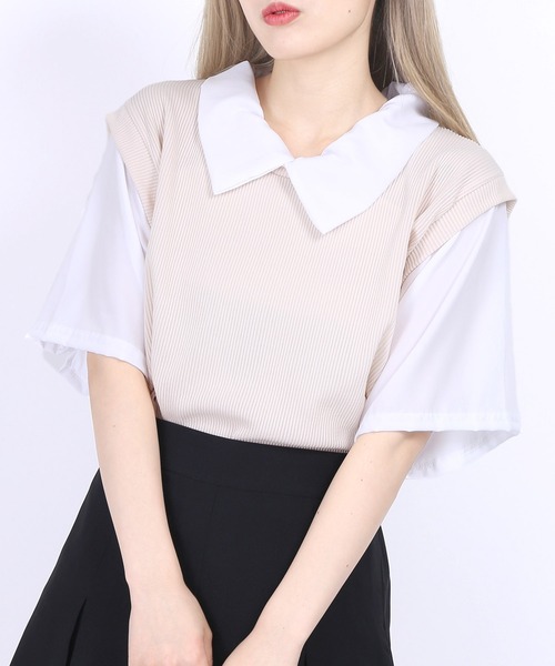 WC(ダブル シー)の「ニットドッキング半袖シャツ(シャツ/ブラウス・レディース・ブラック/ブルー/アイボリー・FREE)」の2枚目の写真