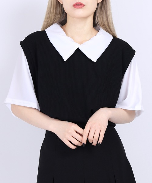 WC(ダブル シー)の「ニットドッキング半袖シャツ(シャツ/ブラウス・レディース・ブラック/ブルー/アイボリー・FREE)」の1枚目の写真