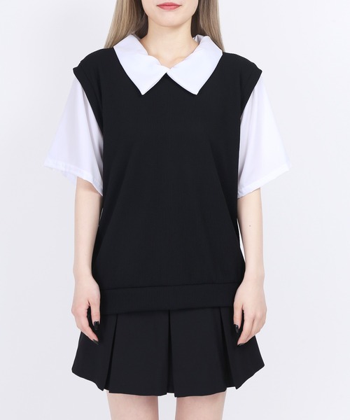 WC(ダブル シー)の「ニットドッキング半袖シャツ(シャツ/ブラウス・レディース・ブラック/ブルー/アイボリー・FREE)」の5枚目の写真