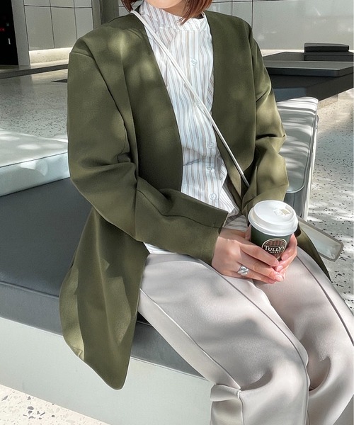 StyleSea（スタイルシー）の「ノーカラージャケット（ノーカラージャケット・レディース・カーキ/キャメル/チャコール・FREE）」の5枚目の写真