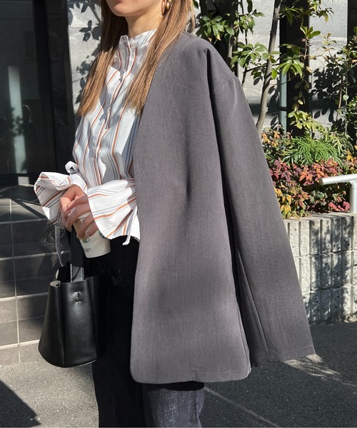 StyleSea（スタイルシー）の「ノーカラージャケット（ノーカラージャケット・レディース・カーキ/キャメル/チャコール・FREE）」の12枚目の写真