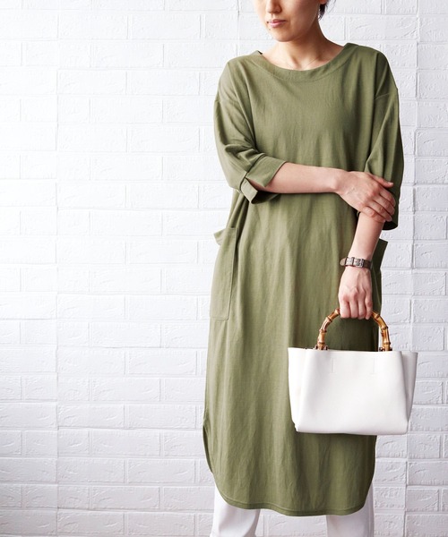 ワンピース Belluna涼感素材ポケット使い裾ラウンドワンピース ワンピース Belluna Plus ベルーナ のファッション