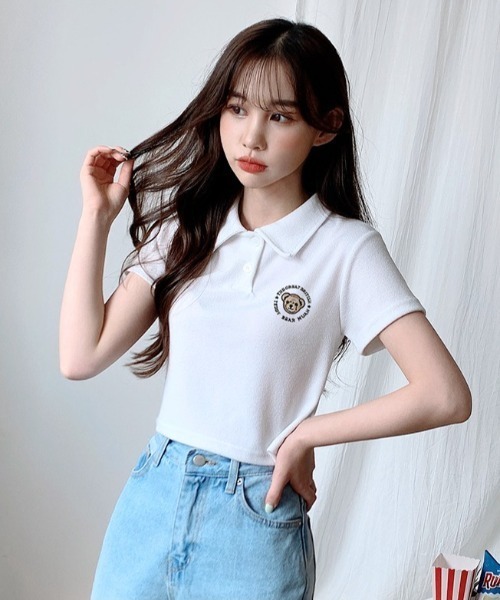 muahmuah（ムーアムーア）の「『muah muah/ムーアムーア』×『teddy bear/テディベア』MUAH BEAR STITCH CROP T-SHIRT/ムアベア ステッチ クロップド丈半袖Tシャツ（Tシャツ/カットソー・レディース・ホワイト/ブラック/ピンク・FREE）」の8枚目の写真