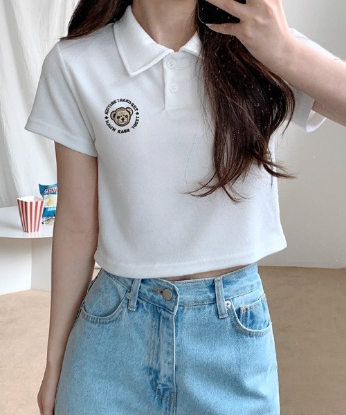 muahmuah（ムーアムーア）の「『muah muah/ムーアムーア』×『teddy bear/テディベア』MUAH BEAR STITCH CROP T-SHIRT/ムアベア ステッチ クロップド丈半袖Tシャツ（Tシャツ/カットソー・レディース・ホワイト/ブラック/ピンク・FREE）」の10枚目の写真
