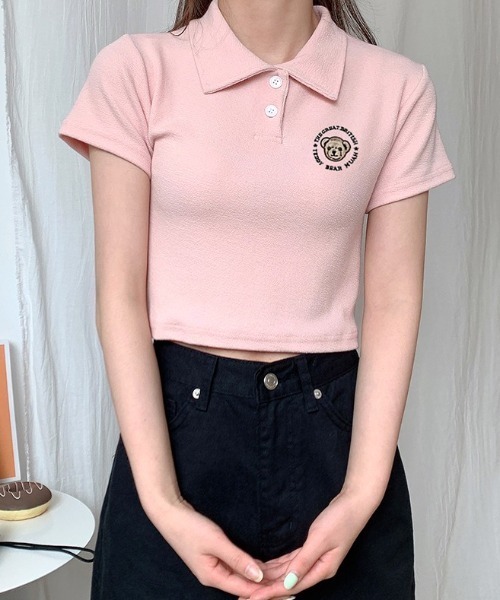 muahmuah（ムーアムーア）の「『muah muah/ムーアムーア』×『teddy bear/テディベア』MUAH BEAR STITCH CROP T-SHIRT/ムアベア ステッチ クロップド丈半袖Tシャツ（Tシャツ/カットソー・レディース・ホワイト/ブラック/ピンク・FREE）」の6枚目の写真