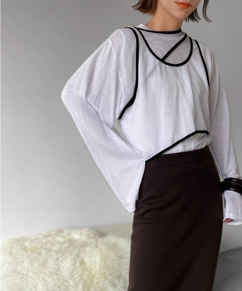 Solace（ソレイス）の「3pieceパイピングレイヤードカットソー（Tシャツ/カットソー・レディース・ホワイト/モカ・FREE）」の3枚目の写真