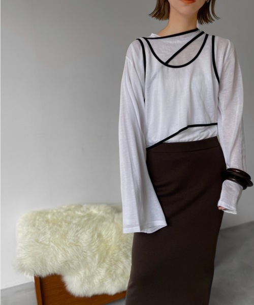 Solace（ソレイス）の「3pieceパイピングレイヤードカットソー（Tシャツ/カットソー・レディース・ホワイト/モカ・FREE）」の4枚目の写真