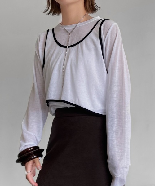 Solace（ソレイス）の「3pieceパイピングレイヤードカットソー（Tシャツ/カットソー・レディース・ホワイト/モカ・FREE）」の9枚目の写真