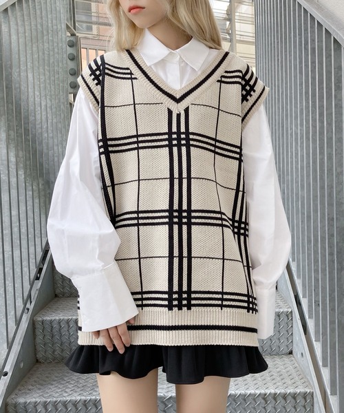 Figments（フィグメンツ）の「チェックニットベスト（ベスト・レディース・ブラック/ベージュ・FREE）」の12枚目の写真