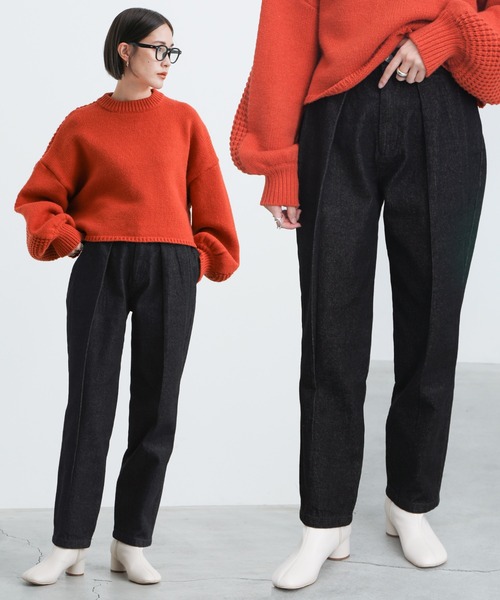 select MOCA(セレクトモカ)の「ボックスタックテーパードパンツ(デニムパンツ・レディース・ブラック/アイボリー・SMALL/MEDIUM)」の1枚目の写真