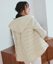 RUIRUE BOUTIQUE（ルイルエブティック）の「ダンボールニット ライトダウンジャケット(Aタイプ/後ろジップ) ｜ レディース アウター 羽織 体型カバー 保温 暖かい 軽量 ショートコート キルティング フード ライトアウター ショート丈（ダウンジャケット/コート）」