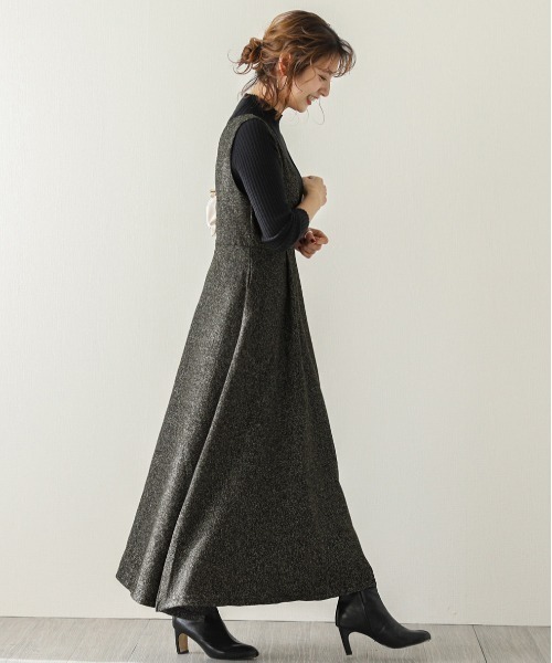 La-gemme（ラジェム）の「深Vネックジャンパースカート（ワンピース・レディース・ブラック/ブラック系その他3/ミックスグレー/ブラウン系その他2・M/L）」の7枚目の写真