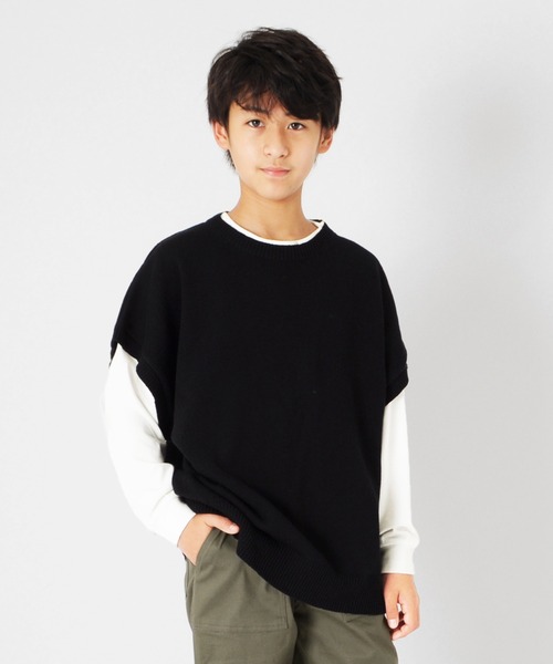 GLAZOS（グラソス）の「【セットアイテム】ニットベスト＋ドロップショルダー長袖Tシャツセット（ベスト・キッズ・ライトグレー/ブラック/ブルー・130cm/140cm/150cm/160cm/170cm）」の2枚目の写真
