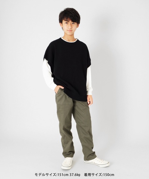GLAZOS（グラソス）の「【セットアイテム】ニットベスト＋ドロップショルダー長袖Tシャツセット（ベスト・キッズ・ライトグレー/ブラック/ブルー・130cm/140cm/150cm/160cm/170cm）」の7枚目の写真
