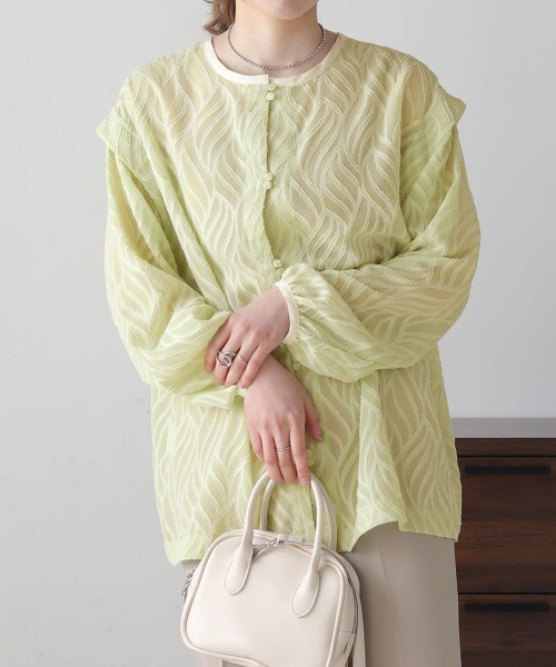 Bab(バブ)の「ジャガードシアー2WAYブラウス(シャツ/ブラウス・レディース・ライトグリーン/ブラック/アイボリー/グリーン・M)」の4枚目の写真