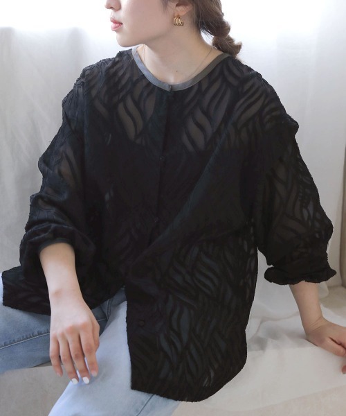 Bab(バブ)の「ジャガードシアー2WAYブラウス(シャツ/ブラウス・レディース・ライトグリーン/ブラック/アイボリー/グリーン・M)」の13枚目の写真