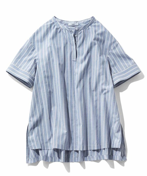 IEDIT（イディット）の「ＩＥＤＩＴ　ＣＯＯＬＭＡＸＲＥｃｏＭａｄｅ　ｆａｂｒｉｃで仕立てた　マルチストライプが印象的な吸汗速乾オーバーサイズＡラインシャツチュニック（チュニック・レディース・イエロー/ネイビー・LARGE/X-LARGE/MEDIUM/XX-LARGE）」の2枚目の写真