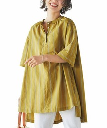 ＩＥＤＩＴ　ＣＯＯＬＭＡＸＲＥｃｏＭａｄｅ　ｆａｂｒｉｃで仕立てた　マルチストライプが印象的な吸汗速乾オーバーサイズＡラインシャツチュニック