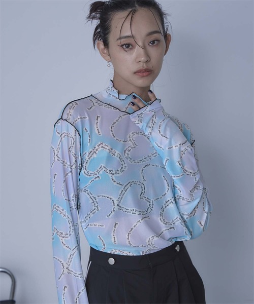 配色メロープリントチュールシアートップス（Tシャツ/カットソー