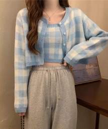ブロックチェック柄ショート丈カーディガン+ニットキャミ(SETアンサンブル)