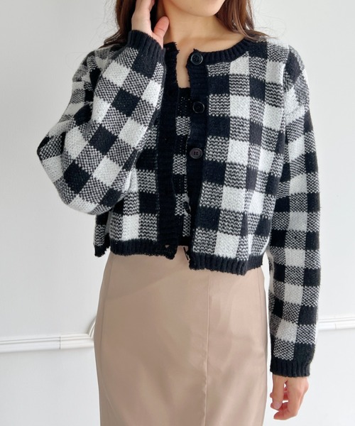 セール】ブロックチェック柄ショート丈カーディガン＋ニットキャミ
