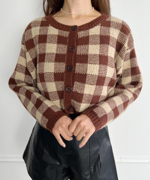 セール】ブロックチェック柄ショート丈カーディガン＋ニットキャミ