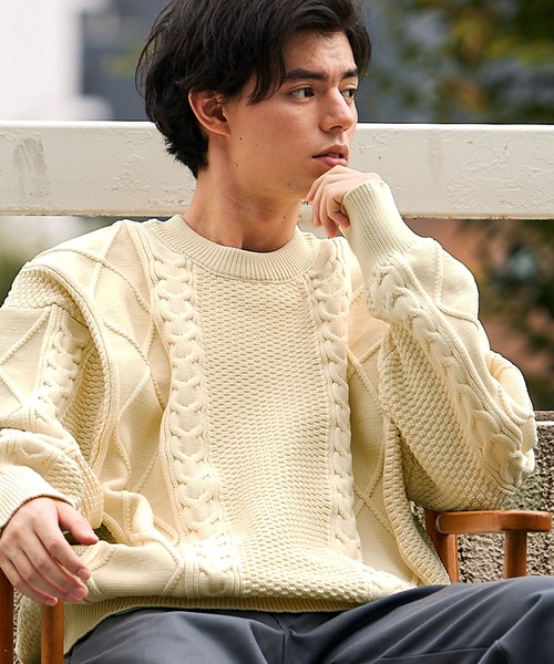 BARK MANHATTAN（バークマンハッタン）の「【ウォッシャブル×抗ピリング】5Gケーブルニット ビッグシルエットクルーネックセーター（ニット/セーター・メンズ・ブラック/グリーン/モカ/グレー/アイボリー・L/M）」の11枚目の写真