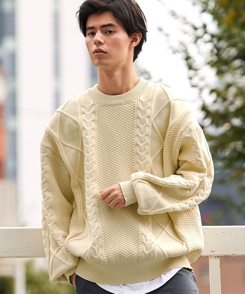 BARK MANHATTAN（バークマンハッタン）の「【ウォッシャブル×抗ピリング】5Gケーブルニット ビッグシルエットクルーネックセーター（ニット/セーター・メンズ・ブラック/グリーン/モカ/グレー/アイボリー・L/M）」の12枚目の写真