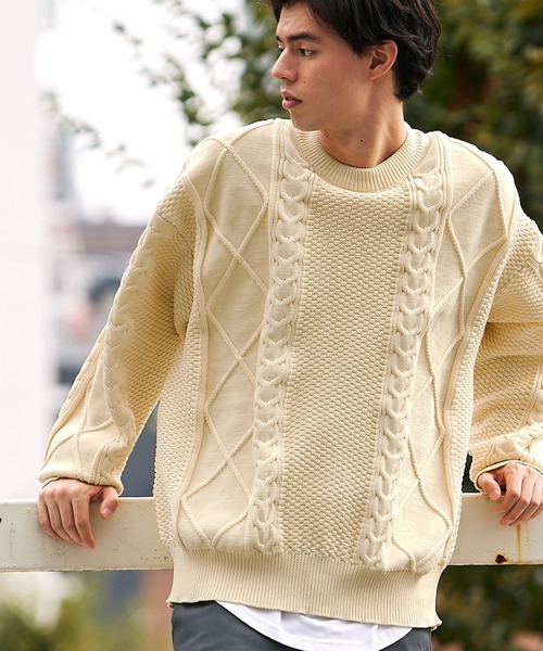 BARK MANHATTAN（バークマンハッタン）の「【ウォッシャブル×抗ピリング】5Gケーブルニット ビッグシルエットクルーネックセーター（ニット/セーター・メンズ・ブラック/グリーン/モカ/グレー/アイボリー・L/M）」の13枚目の写真