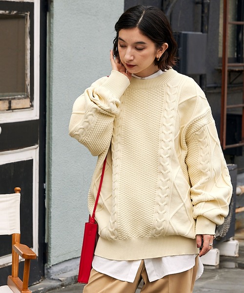 BARK MANHATTAN（バークマンハッタン）の「【ウォッシャブル×抗ピリング】5Gケーブルニット ビッグシルエットクルーネックセーター（ニット/セーター・メンズ・ブラック/グリーン/モカ/グレー/アイボリー・L/M）」の17枚目の写真