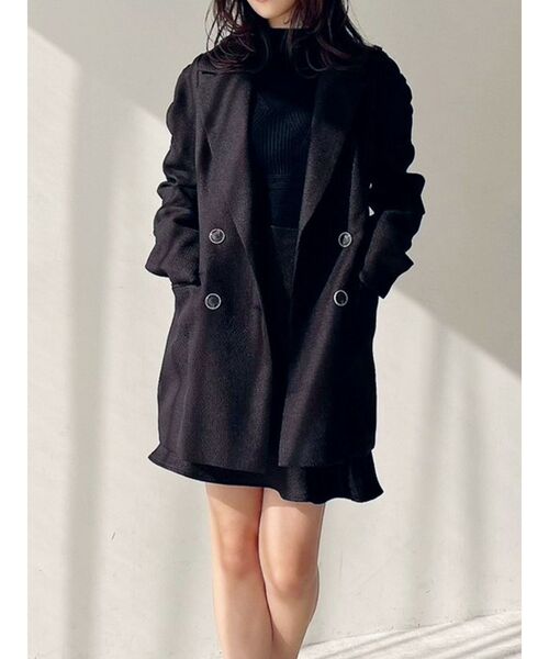 RESEXXY（リゼクシー）の「ショルダーギャザーツイードミディジャケット【セットアップ着用可能】（テーラードジャケット・レディース・アイボリー/ブラック/グリーン・FREE）」の2枚目の写真