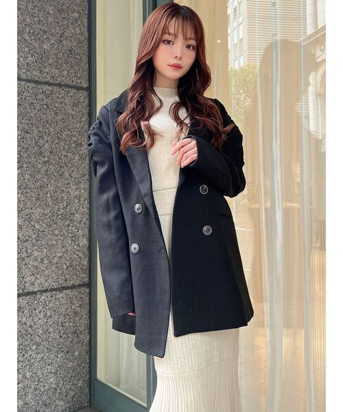 RESEXXY（リゼクシー）の「ショルダーギャザーツイードミディジャケット【セットアップ着用可能】（テーラードジャケット・レディース・アイボリー/ブラック/グリーン・FREE）」の4枚目の写真