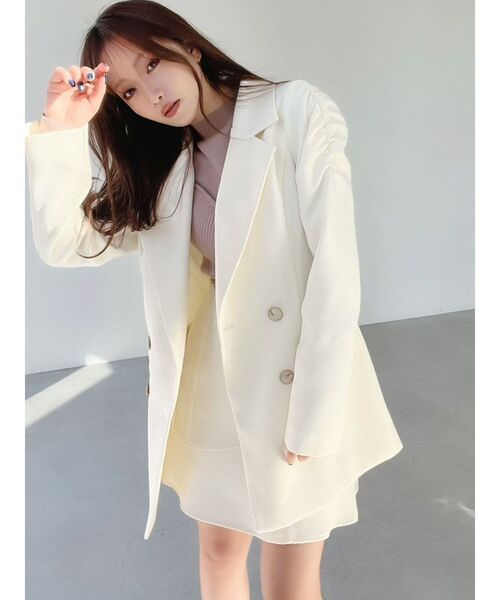 RESEXXY（リゼクシー）の「ショルダーギャザーツイードミディジャケット【セットアップ着用可能】（テーラードジャケット・レディース・アイボリー/ブラック/グリーン・FREE）」の8枚目の写真