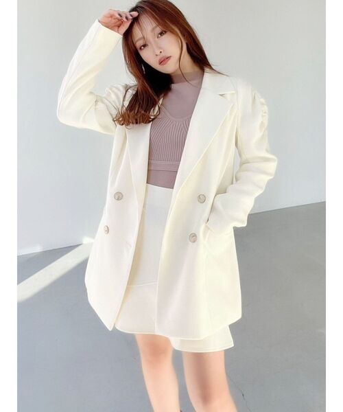 RESEXXY（リゼクシー）の「ショルダーギャザーツイードミディジャケット【セットアップ着用可能】（テーラードジャケット・レディース・アイボリー/ブラック/グリーン・FREE）」の10枚目の写真