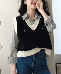 Vネックバイカラーニットベスト