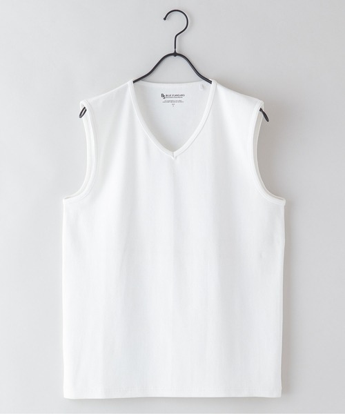 Blue Standard （ブルースタンダード）の「【BLUE STANDARD/ブルースタンダード】抗菌防臭 テレコ素材使用 リブ ノースリーブ インナー Vネック（タンクトップ・メンズ・ホワイト/ブラック/杢グレー・MEDIUM/LARGE/X-LARGE）」の9枚目の写真