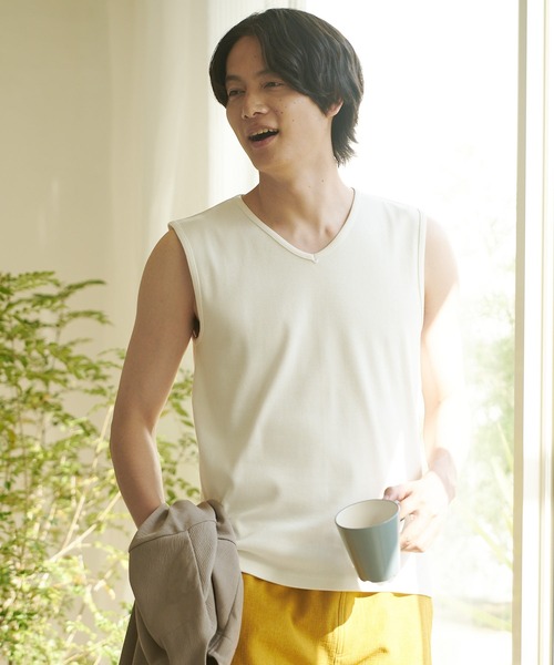 Blue Standard （ブルースタンダード）の「【BLUE STANDARD/ブルースタンダード】抗菌防臭 テレコ素材使用 リブ ノースリーブ インナー Vネック（タンクトップ・メンズ・ホワイト/ブラック/杢グレー・MEDIUM/LARGE/X-LARGE）」の7枚目の写真