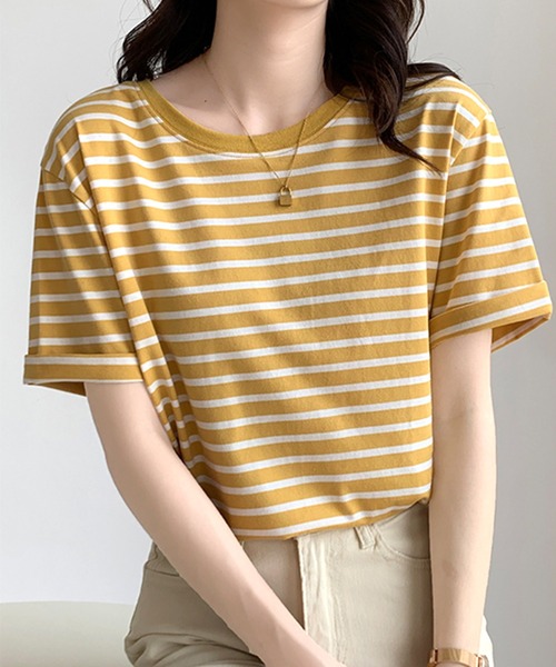 Amulet(アミュレット)の「ボーダー半袖Tシャツ(Tシャツ/カットソー・レディース・ブルー/イエロー/グリーン/ブラック・L/M)」の1枚目の写真