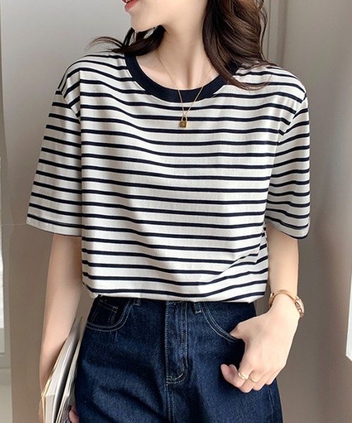 Amulet(アミュレット)の「ボーダー半袖Tシャツ(Tシャツ/カットソー・レディース・ブルー/イエロー/グリーン/ブラック・L/M)」の2枚目の写真
