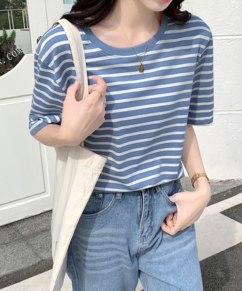 Amulet(アミュレット)の「ボーダー半袖Tシャツ(Tシャツ/カットソー・レディース・ブルー/イエロー/グリーン/ブラック・L/M)」の6枚目の写真