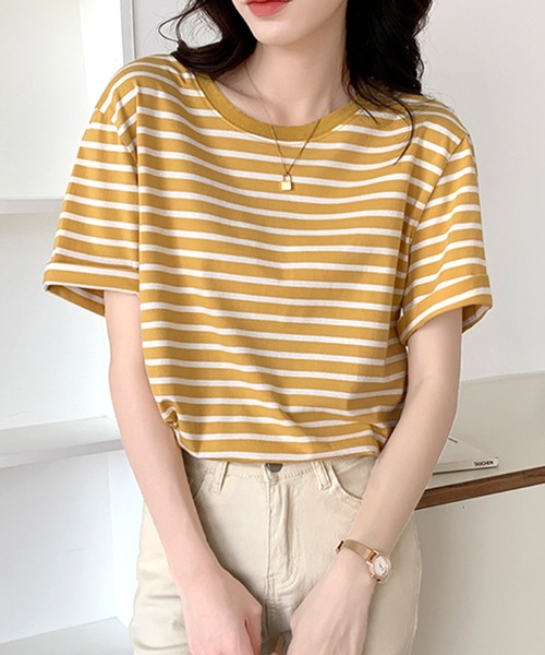 Amulet(アミュレット)の「ボーダー半袖Tシャツ(Tシャツ/カットソー・レディース・ブルー/イエロー/グリーン/ブラック・L/M)」の5枚目の写真