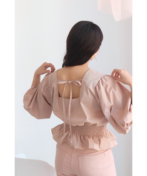 チュールトップス ファッション muguet ペプラムブラウス ピンク