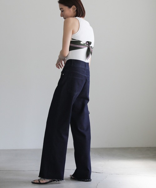ダークブルー ハイウエスト ワイドレッグ デニム 3color ／ 4size 】サイドタック切替ハイウエストストレートデニム
