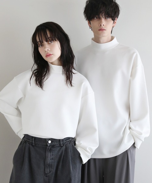 セール】モックネックドレープポンチ/フェイクスウェード長袖プル