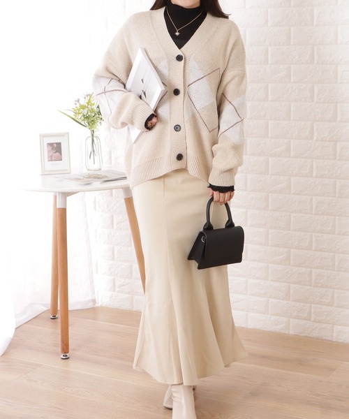 アーガイル柄Vネックゆるニットカーディガン（ニット/セーター