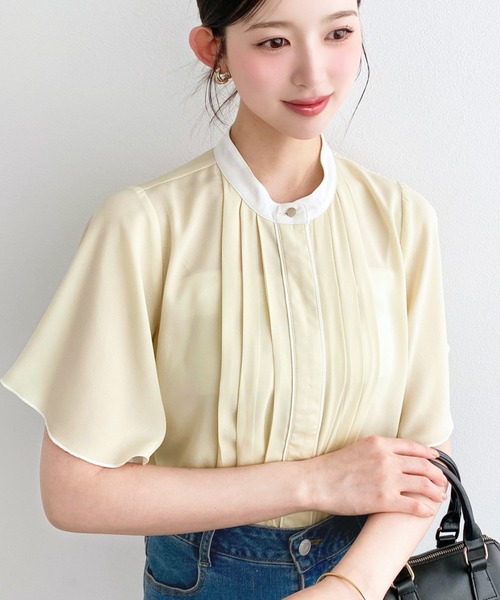 シフォンジョーゼットフロントタックバイカラーラッフルスリーブ半袖